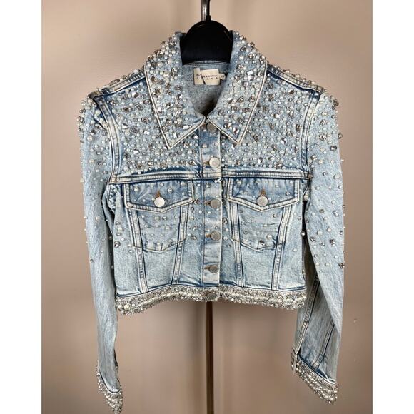 ALICE + OLIVIA Nelson Crystal Pearl Embellished Rockstar Blue Denim Jacket Sz XS - Picture 3 of 9